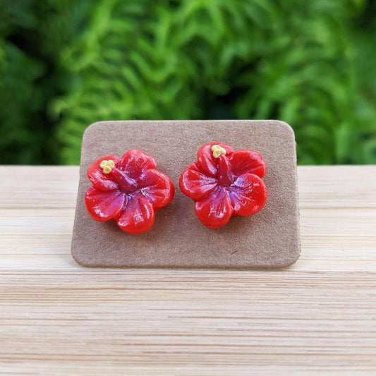 Hibiscus Flower Stud Earrings - Coral